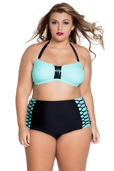 Plus Size Green Bandeau High Waist Bikini Swimsuit - Let's Beach